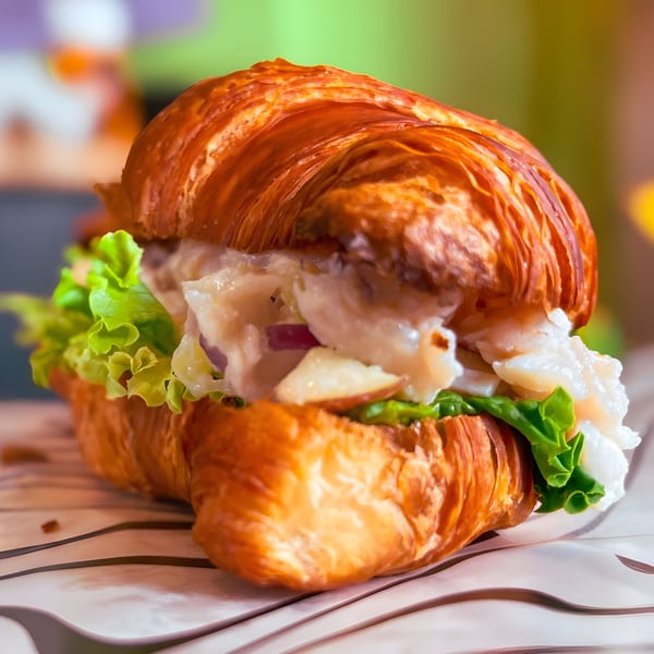 A golden-brown croissant sandwich filled with white salad, red onions, and green lettuce.